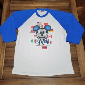 Walt Disney World Baseball Style Tee White & Blue Mickey "Epcot" - Size Large